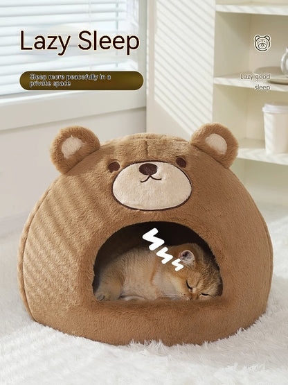 Teddy Haven: Cozy Closed Cat Nest Shaped Like a Teddy Bear Head