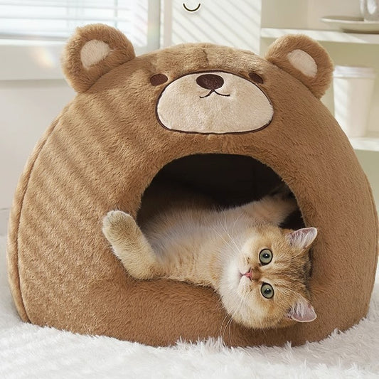 Teddy Haven: Cozy Closed Cat Nest Shaped Like a Teddy Bear Head