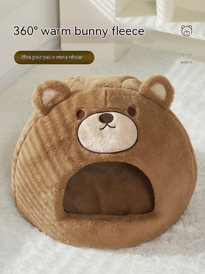 Teddy Haven: Cozy Closed Cat Nest Shaped Like a Teddy Bear Head